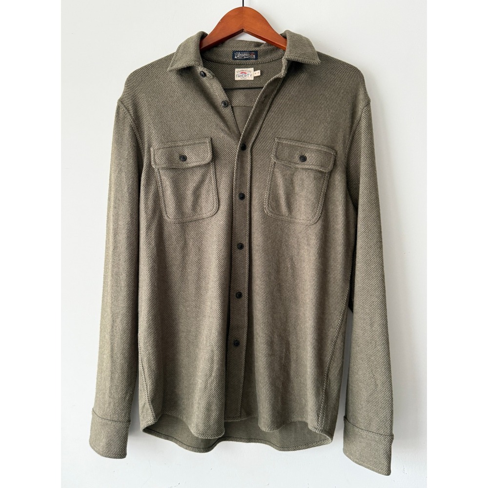 Faherty Legend Sweater Shirt Mens Medium Olive Green Stripe Knit Button Down